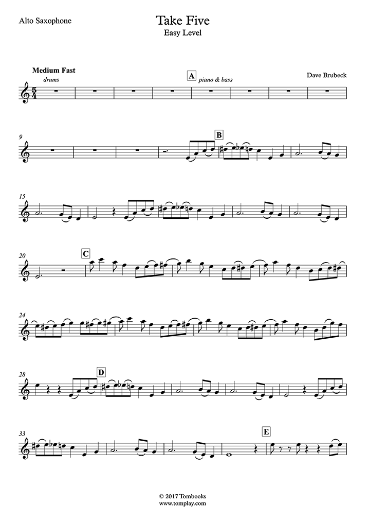 Saxophone Sheet Music Take Five Easy Level Alto Sax Brubeck 